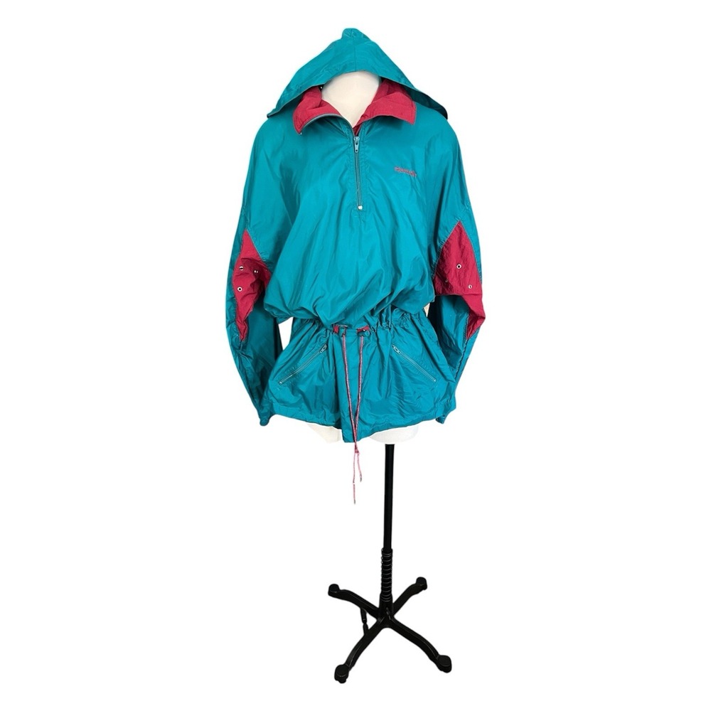 Vintage 80s 90s Reebok Sport Windbreaker Jacket Large Teal Pink Hooded Anorak